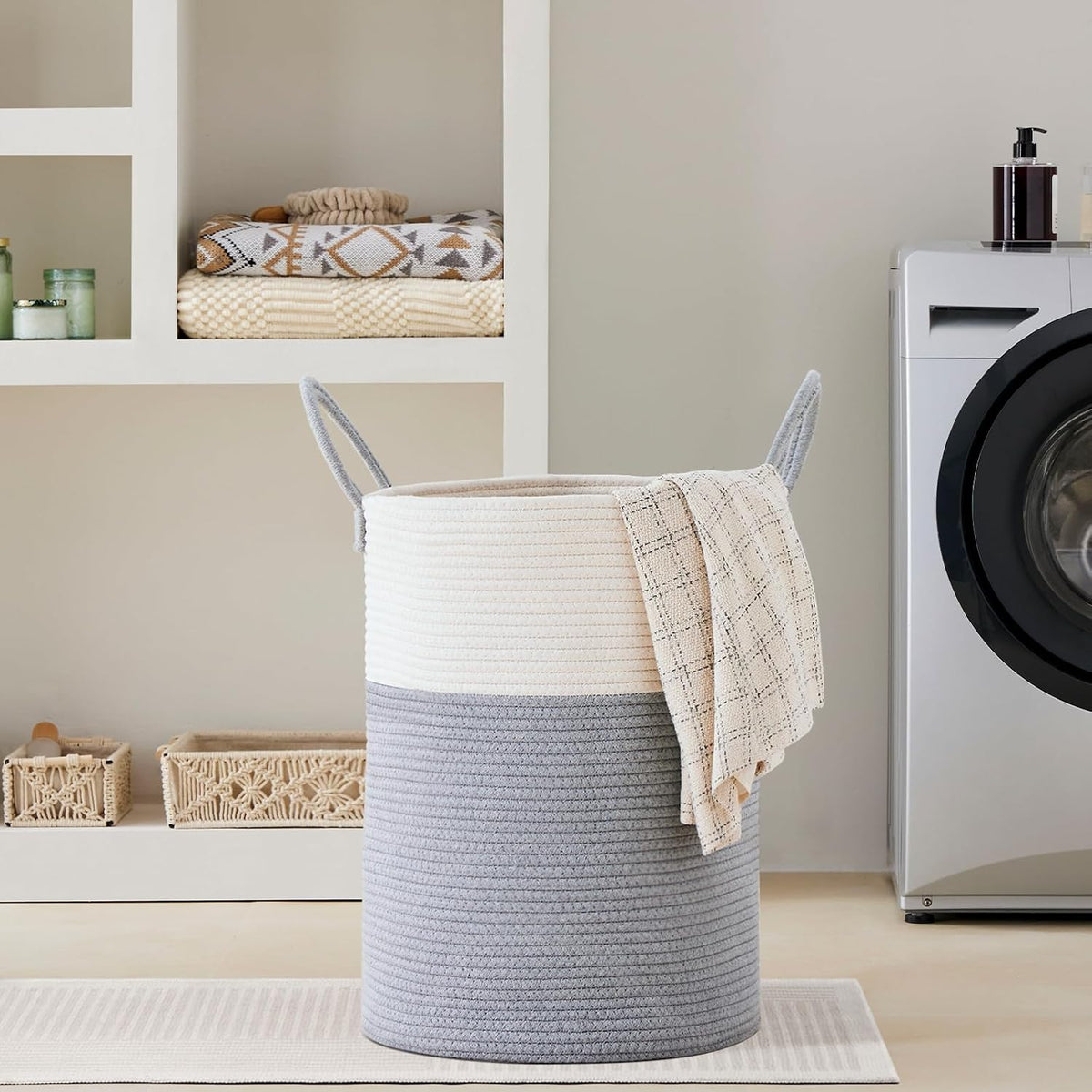 58L Tall Woven Laundry Basket Hamper, White Brown