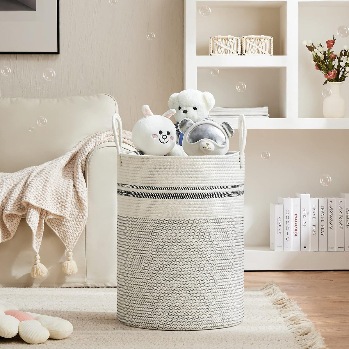 58L Tall Woven Laundry Basket Hamper, White Brown