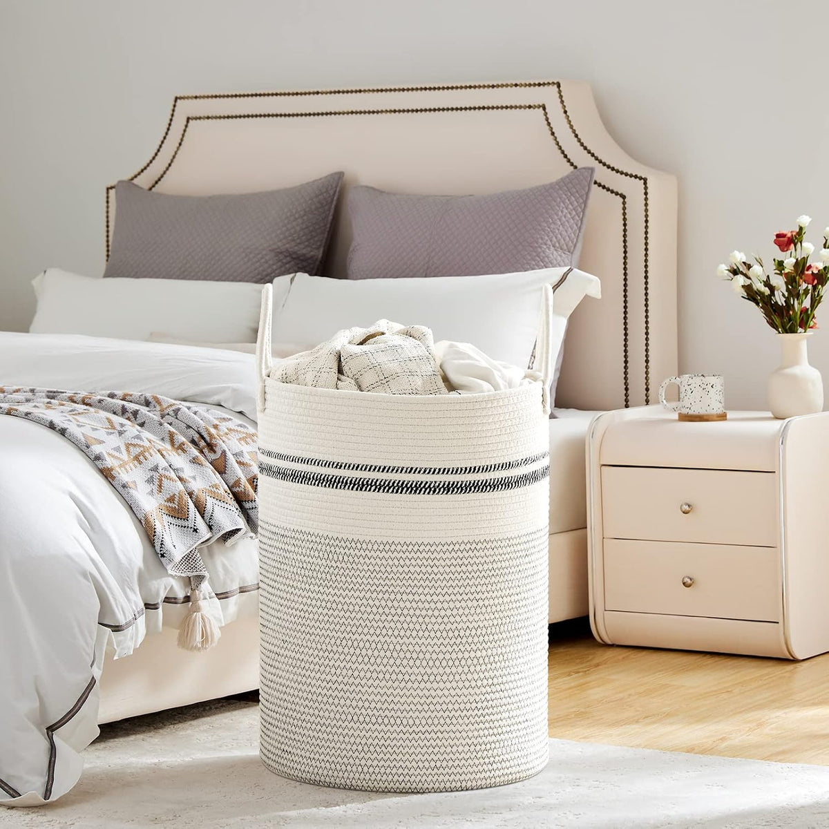 58L Tall Woven Laundry Basket Hamper, White Brown
