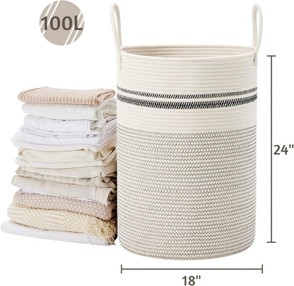 58L Tall Woven Laundry Basket Hamper, White Brown