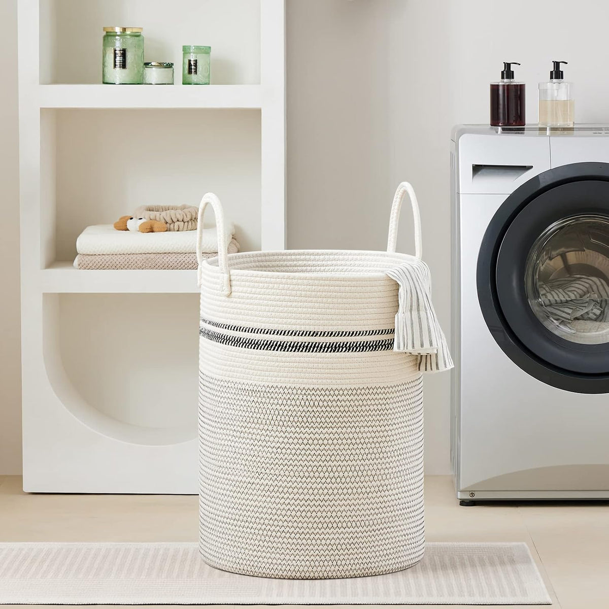 58L Tall Woven Laundry Basket Hamper, White Brown