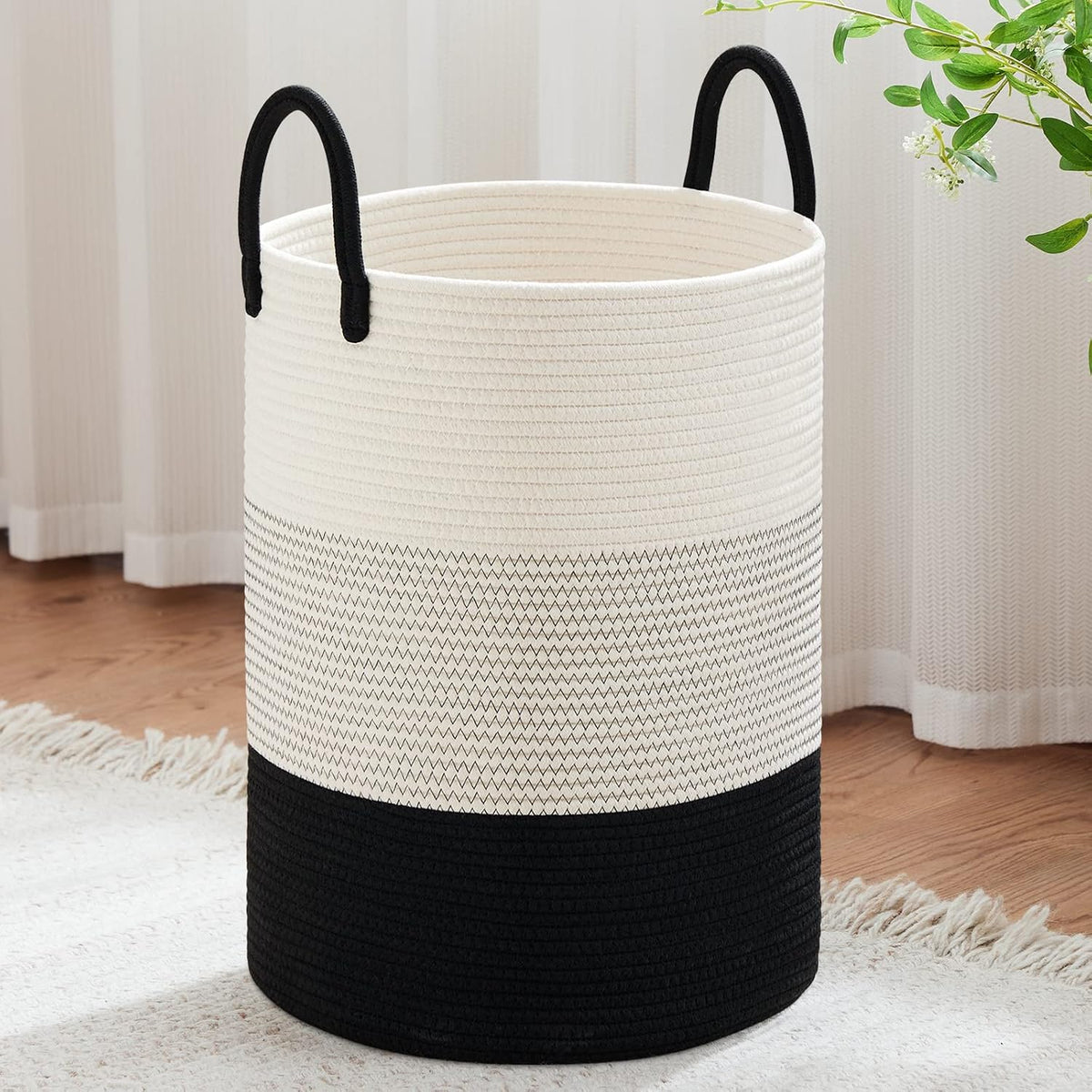 58L Tall Woven Laundry Basket Hamper, White Brown