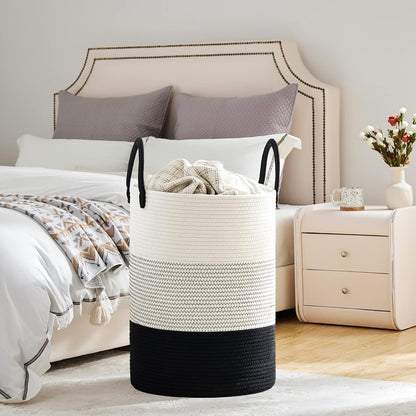 58L Tall Woven Laundry Basket Hamper, White Brown