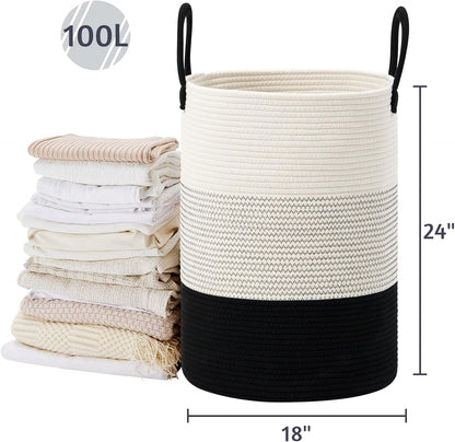 58L Tall Woven Laundry Basket Hamper, White Brown