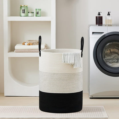 58L Tall Woven Laundry Basket Hamper, White Brown
