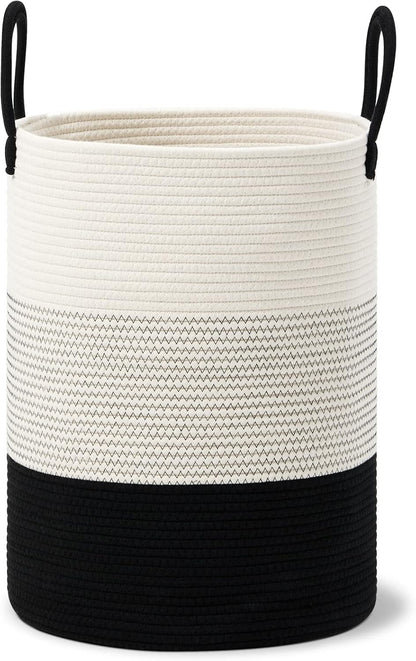 58L Tall Woven Laundry Basket Hamper, White Brown