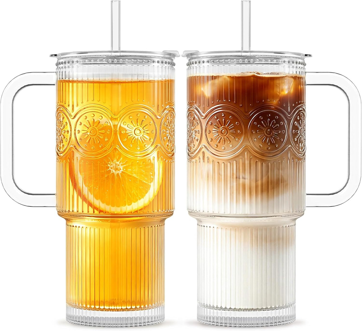 24 oz Ribbed & Floral Glass Tumblers with Handle and Lid, Set of 2 – Reusable Iced Coffee Cups with Straw, Glass Mugs for Water, Smoothies, Tea, and Juice – Ideal for Travel & Daily Use