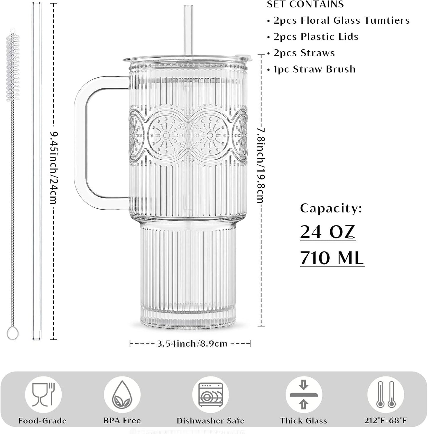 24 oz Ribbed & Floral Glass Tumblers with Handle and Lid, Set of 2 – Reusable Iced Coffee Cups with Straw, Glass Mugs for Water, Smoothies, Tea, and Juice – Ideal for Travel & Daily Use