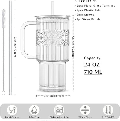 24 oz Ribbed & Floral Glass Tumblers with Handle and Lid, Set of 2 – Reusable Iced Coffee Cups with Straw, Glass Mugs for Water, Smoothies, Tea, and Juice – Ideal for Travel & Daily Use