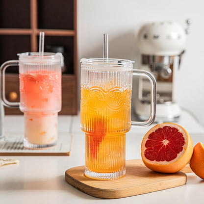 24 oz Ribbed & Floral Glass Tumblers with Handle and Lid, Set of 2 – Reusable Iced Coffee Cups with Straw, Glass Mugs for Water, Smoothies, Tea, and Juice – Ideal for Travel & Daily Use