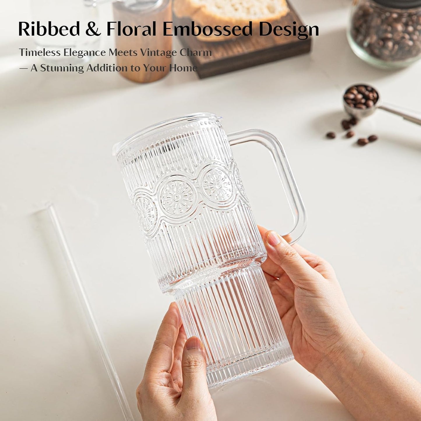 24 oz Ribbed & Floral Glass Tumblers with Handle and Lid, Set of 2 – Reusable Iced Coffee Cups with Straw, Glass Mugs for Water, Smoothies, Tea, and Juice – Ideal for Travel & Daily Use