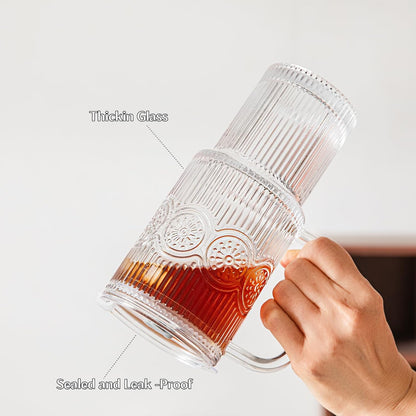 24 oz Ribbed & Floral Glass Tumblers with Handle and Lid, Set of 2 – Reusable Iced Coffee Cups with Straw, Glass Mugs for Water, Smoothies, Tea, and Juice – Ideal for Travel & Daily Use