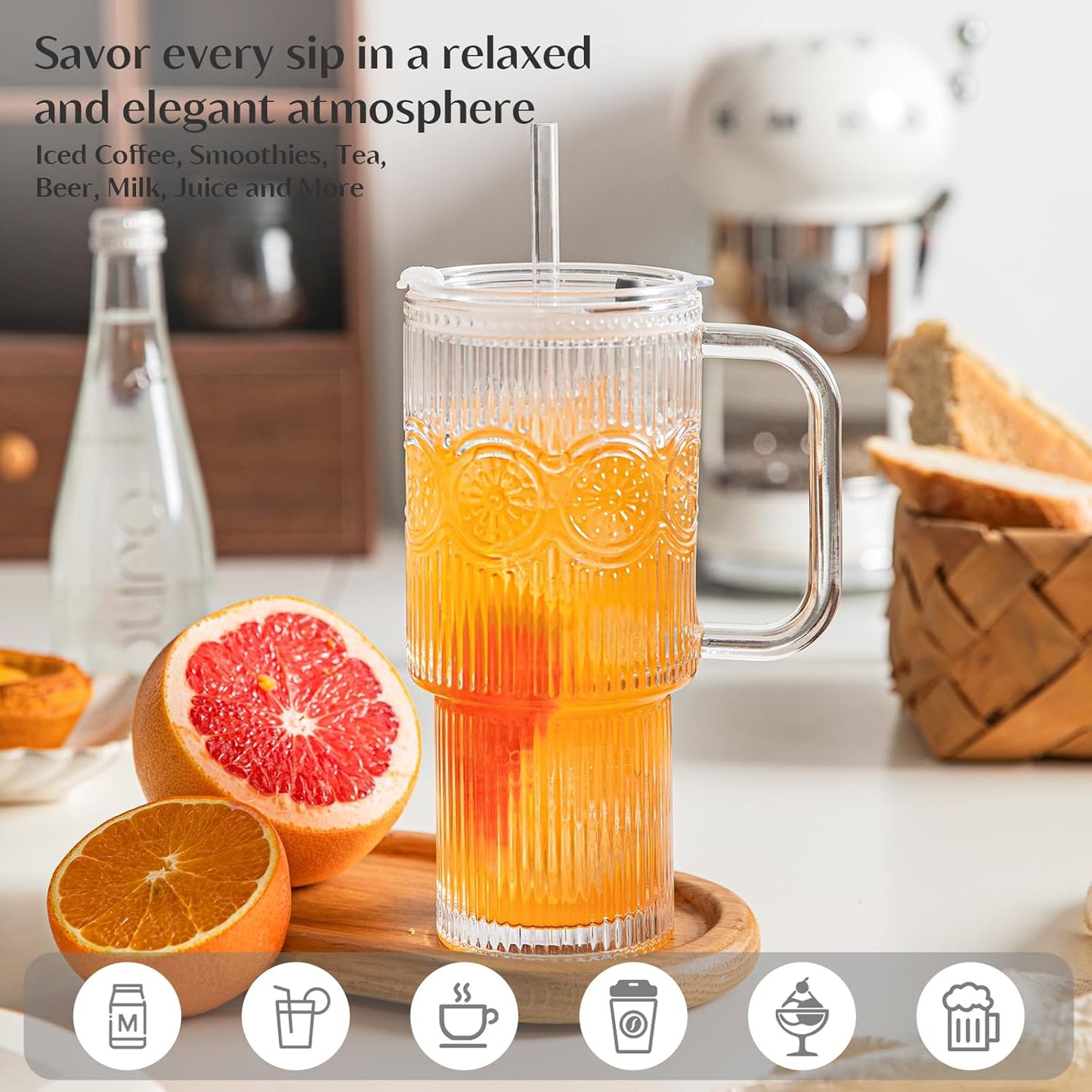 24 oz Ribbed & Floral Glass Tumblers with Handle and Lid, Set of 2 – Reusable Iced Coffee Cups with Straw, Glass Mugs for Water, Smoothies, Tea, and Juice – Ideal for Travel & Daily Use