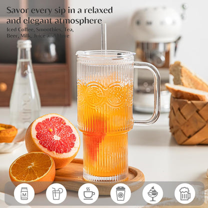 24 oz Ribbed & Floral Glass Tumblers with Handle and Lid, Set of 2 – Reusable Iced Coffee Cups with Straw, Glass Mugs for Water, Smoothies, Tea, and Juice – Ideal for Travel & Daily Use
