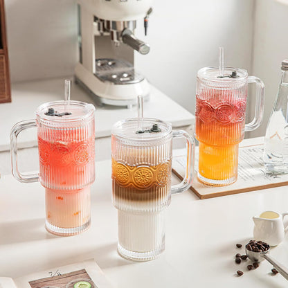 24 oz Ribbed & Floral Glass Tumblers with Handle and Lid, Set of 2 – Reusable Iced Coffee Cups with Straw, Glass Mugs for Water, Smoothies, Tea, and Juice – Ideal for Travel & Daily Use