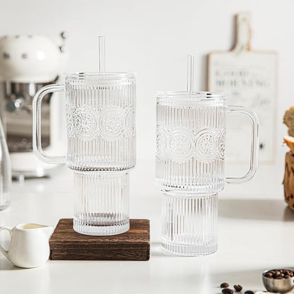 24 oz Ribbed & Floral Glass Tumblers with Handle and Lid, Set of 2 – Reusable Iced Coffee Cups with Straw, Glass Mugs for Water, Smoothies, Tea, and Juice – Ideal for Travel & Daily Use