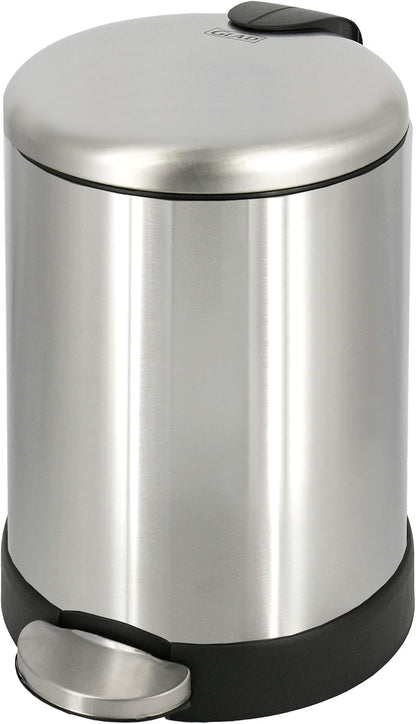 Glad Small Trash Can, 1.2 Gallon | Round Stainless Steel Garbage Bin with Soft Close Lid & Step Foot Pedal | Metal Waste Basket with Removable Inner Bucket, Stainless, 8 x 9.5 x 12 inches