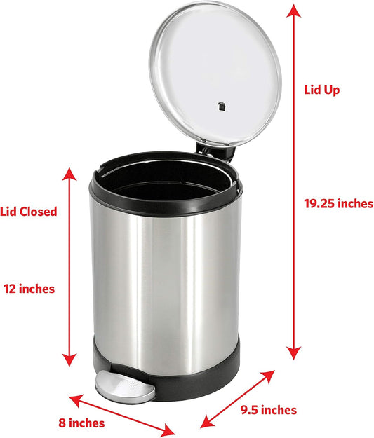Glad Small Trash Can, 1.2 Gallon | Round Stainless Steel Garbage Bin with Soft Close Lid & Step Foot Pedal | Metal Waste Basket with Removable Inner Bucket, Stainless, 8 x 9.5 x 12 inches