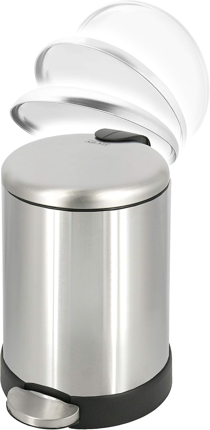 Glad Small Trash Can, 1.2 Gallon | Round Stainless Steel Garbage Bin with Soft Close Lid & Step Foot Pedal | Metal Waste Basket with Removable Inner Bucket, Stainless, 8 x 9.5 x 12 inches