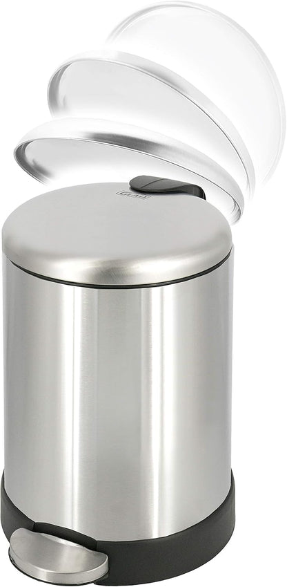 Glad Small Trash Can, 1.2 Gallon | Round Stainless Steel Garbage Bin with Soft Close Lid & Step Foot Pedal | Metal Waste Basket with Removable Inner Bucket, Stainless, 8 x 9.5 x 12 inches