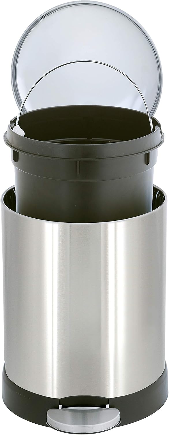 Glad Small Trash Can, 1.2 Gallon | Round Stainless Steel Garbage Bin with Soft Close Lid & Step Foot Pedal | Metal Waste Basket with Removable Inner Bucket, Stainless, 8 x 9.5 x 12 inches
