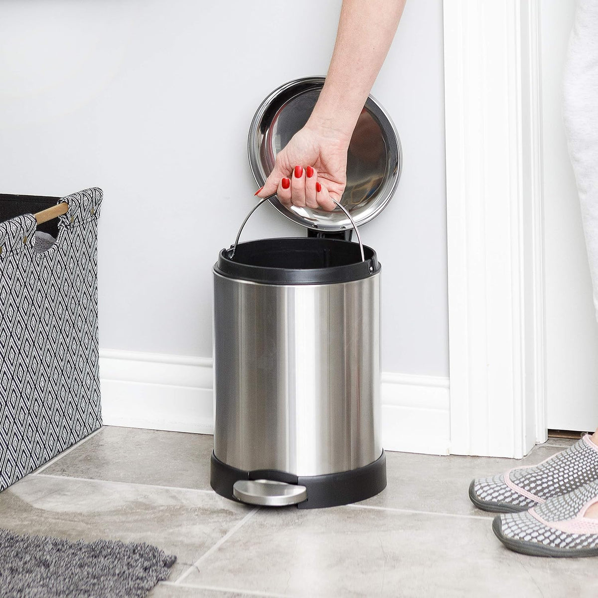 Glad Small Trash Can, 1.2 Gallon | Round Stainless Steel Garbage Bin with Soft Close Lid & Step Foot Pedal | Metal Waste Basket with Removable Inner Bucket, Stainless, 8 x 9.5 x 12 inches