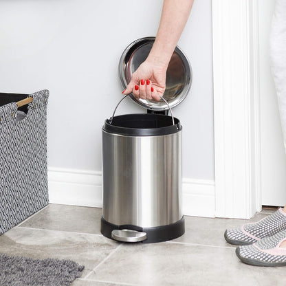 Glad Small Trash Can, 1.2 Gallon | Round Stainless Steel Garbage Bin with Soft Close Lid & Step Foot Pedal | Metal Waste Basket with Removable Inner Bucket, Stainless, 8 x 9.5 x 12 inches