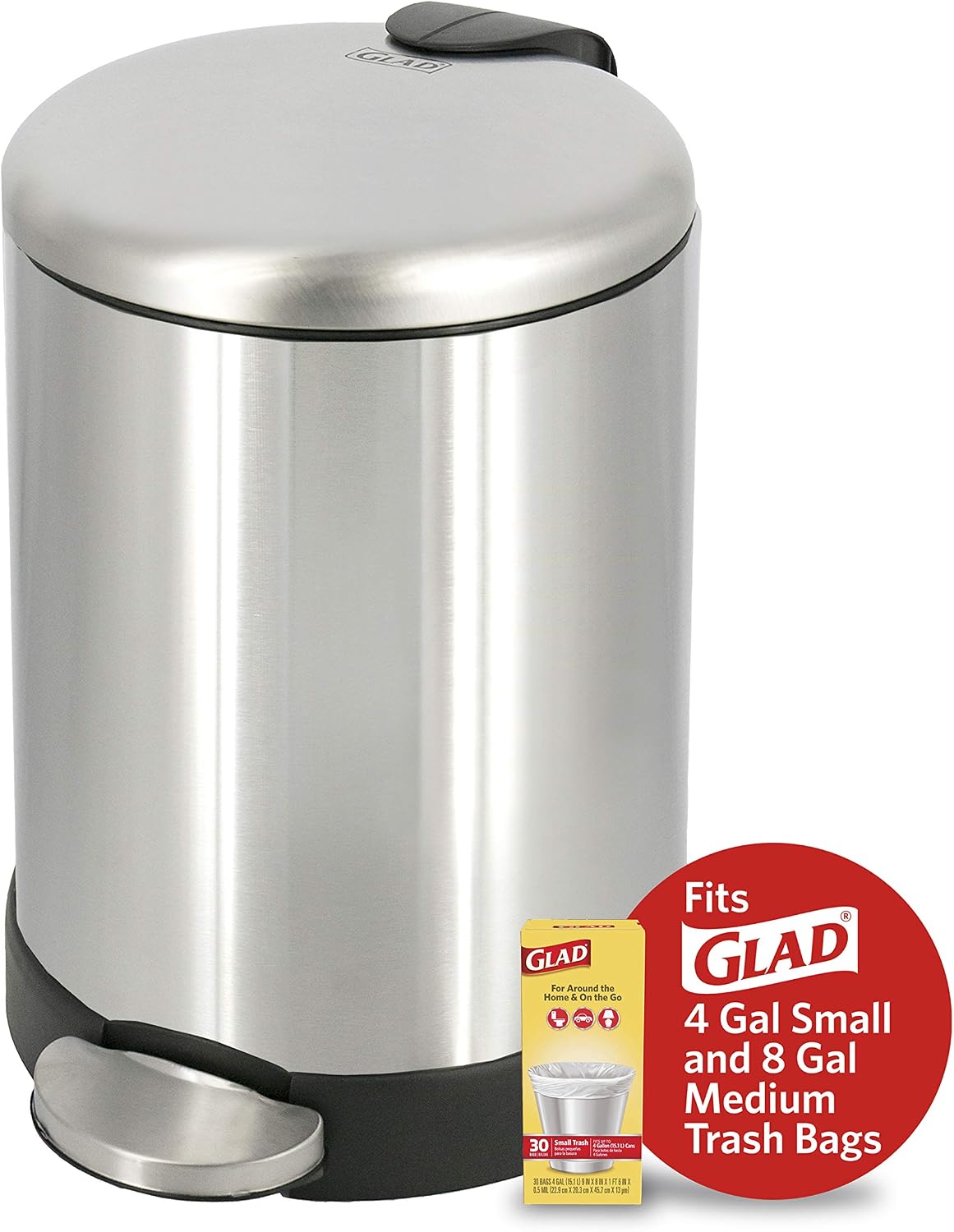 Glad Small Trash Can, 1.2 Gallon | Round Stainless Steel Garbage Bin with Soft Close Lid & Step Foot Pedal | Metal Waste Basket with Removable Inner Bucket, Stainless, 8 x 9.5 x 12 inches