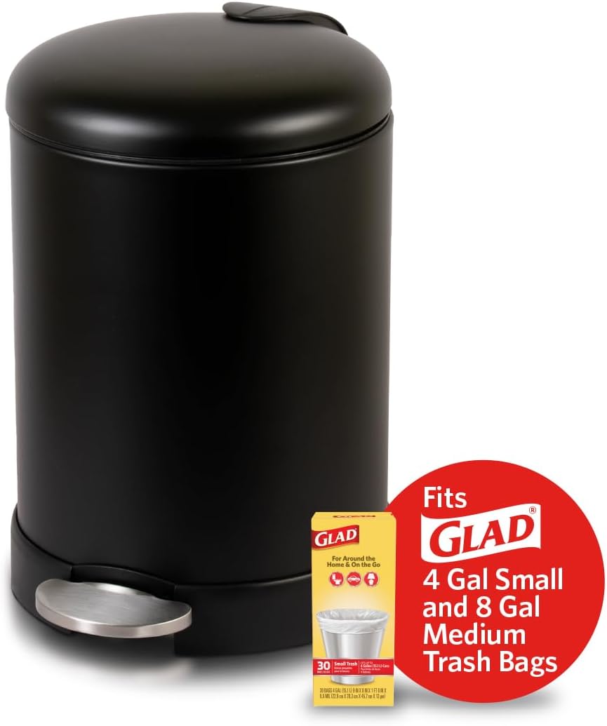 Glad Small Trash Can, 1.2 Gallon | Round Stainless Steel Garbage Bin with Soft Close Lid & Step Foot Pedal | Metal Waste Basket with Removable Inner Bucket, Stainless, 8 x 9.5 x 12 inches