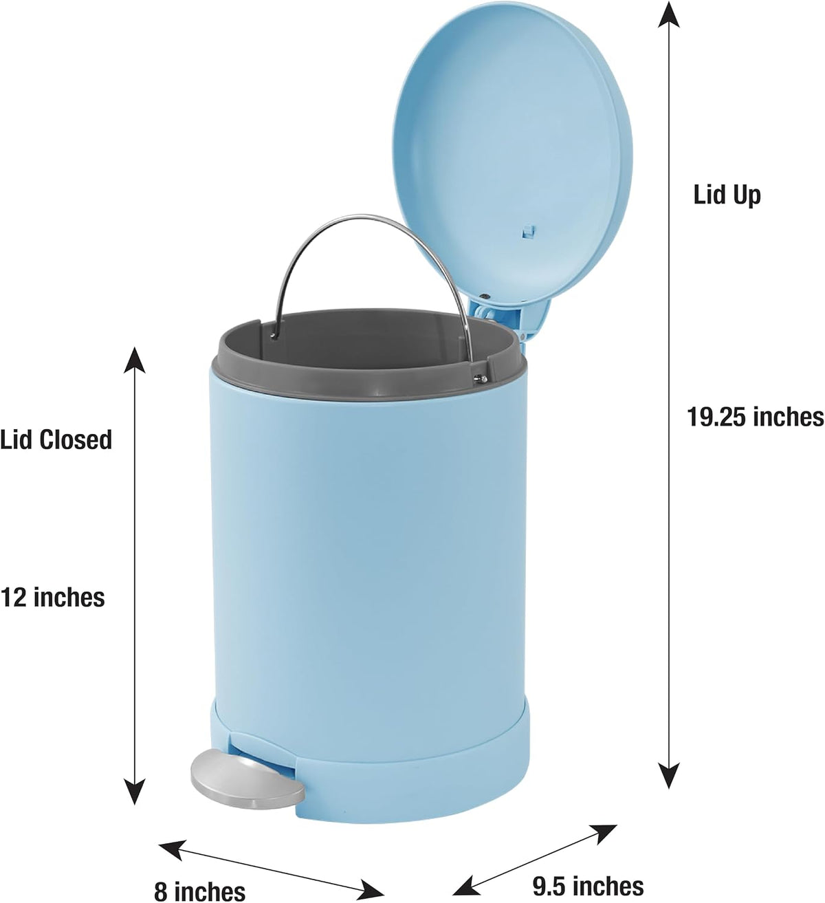 Glad Small Trash Can, 1.2 Gallon | Round Stainless Steel Garbage Bin with Soft Close Lid & Step Foot Pedal | Metal Waste Basket with Removable Inner Bucket, Stainless, 8 x 9.5 x 12 inches