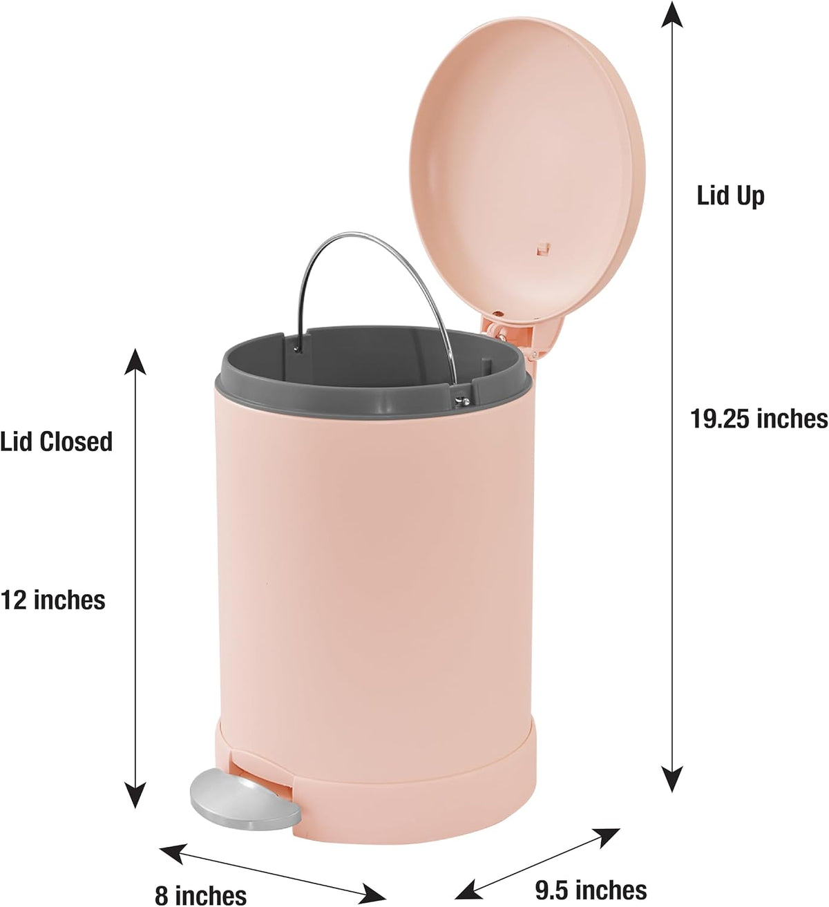 Glad Small Trash Can, 1.2 Gallon | Round Stainless Steel Garbage Bin with Soft Close Lid & Step Foot Pedal | Metal Waste Basket with Removable Inner Bucket, Stainless, 8 x 9.5 x 12 inches