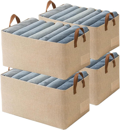 4 Pcs Closet Clothes Organizer with Handle, Closet Shelf Fabric Storage Box Steel Frame, Stackable Shelf Storage Baskets Foldable Wardrobe Storage Box for Clothes Pants, 23L (2 Gray 2 Beige)
