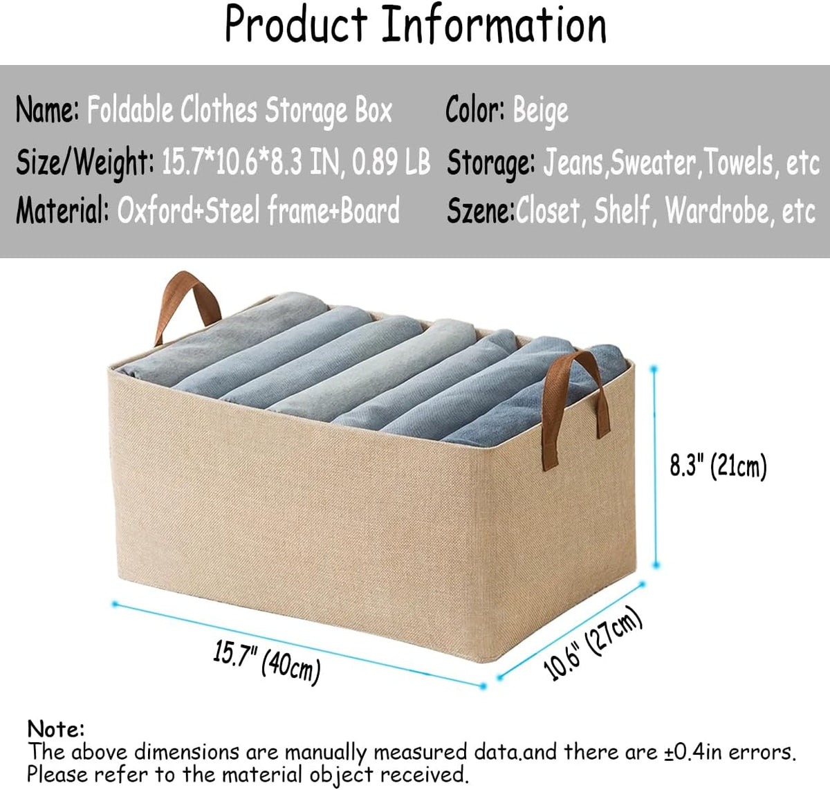 4 Pcs Closet Clothes Organizer with Handle, Closet Shelf Fabric Storage Box Steel Frame, Stackable Shelf Storage Baskets Foldable Wardrobe Storage Box for Clothes Pants, 23L (2 Gray 2 Beige)
