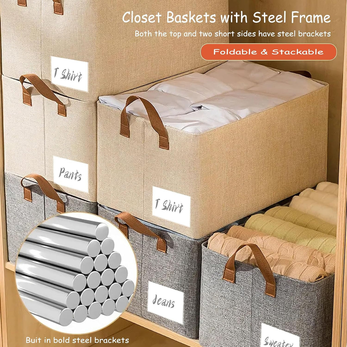 4 Pcs Closet Clothes Organizer with Handle, Closet Shelf Fabric Storage Box Steel Frame, Stackable Shelf Storage Baskets Foldable Wardrobe Storage Box for Clothes Pants, 23L (2 Gray 2 Beige)