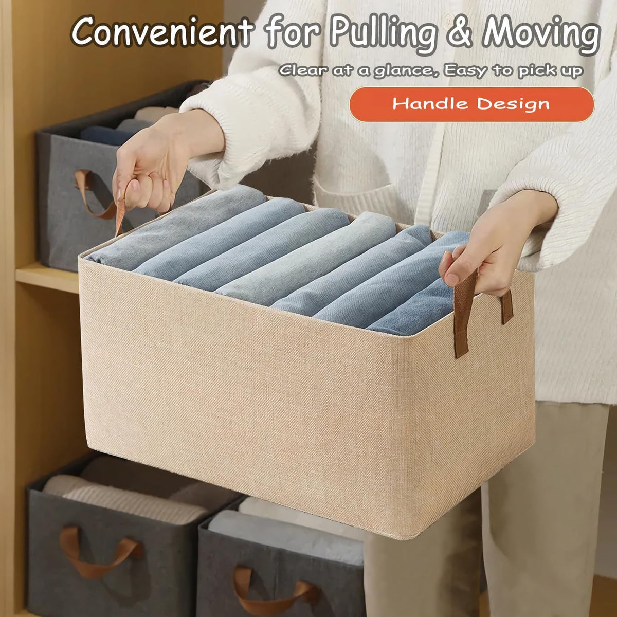 4 Pcs Closet Clothes Organizer with Handle, Closet Shelf Fabric Storage Box Steel Frame, Stackable Shelf Storage Baskets Foldable Wardrobe Storage Box for Clothes Pants, 23L (2 Gray 2 Beige)