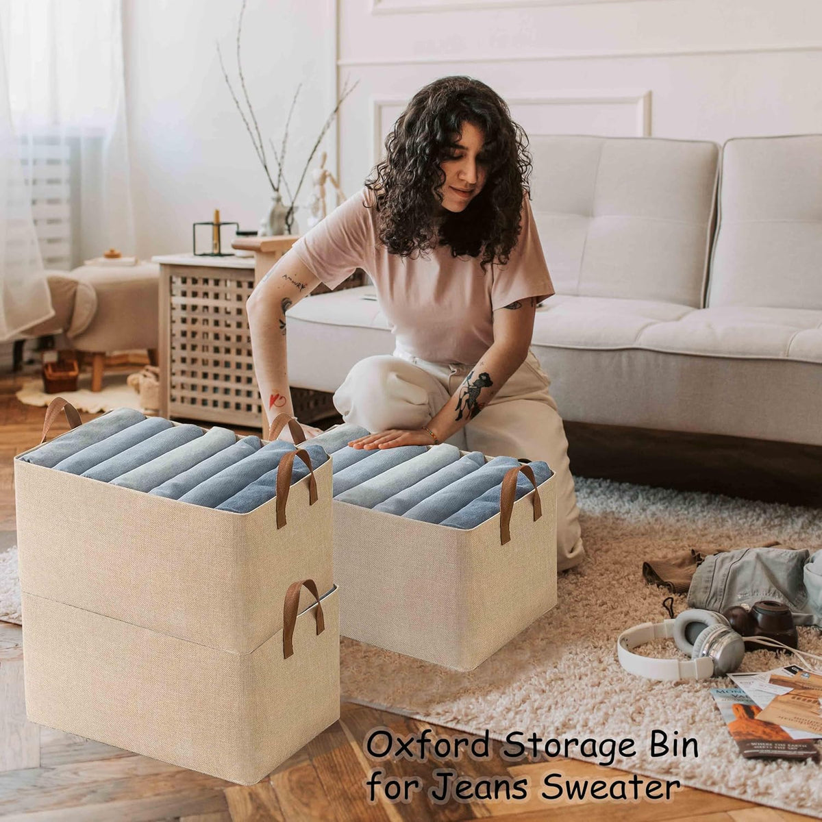 4 Pcs Closet Clothes Organizer with Handle, Closet Shelf Fabric Storage Box Steel Frame, Stackable Shelf Storage Baskets Foldable Wardrobe Storage Box for Clothes Pants, 23L (2 Gray 2 Beige)