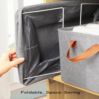 4 Pcs Closet Clothes Organizer with Handle, Closet Shelf Fabric Storage Box Steel Frame, Stackable Shelf Storage Baskets Foldable Wardrobe Storage Box for Clothes Pants, 23L (2 Gray 2 Beige)