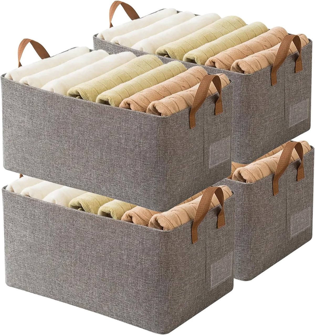 4 Pcs Closet Clothes Organizer with Handle, Closet Shelf Fabric Storage Box Steel Frame, Stackable Shelf Storage Baskets Foldable Wardrobe Storage Box for Clothes Pants, 23L (2 Gray 2 Beige)