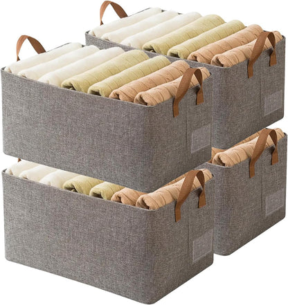 4 Pcs Closet Clothes Organizer with Handle, Closet Shelf Fabric Storage Box Steel Frame, Stackable Shelf Storage Baskets Foldable Wardrobe Storage Box for Clothes Pants, 23L (2 Gray 2 Beige)