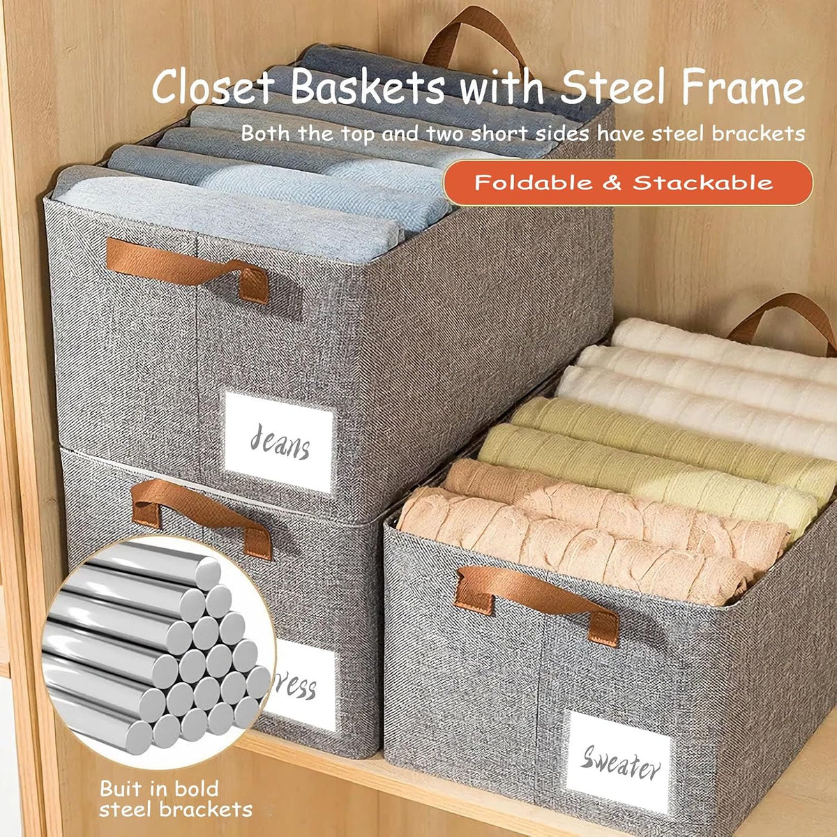 4 Pcs Closet Clothes Organizer with Handle, Closet Shelf Fabric Storage Box Steel Frame, Stackable Shelf Storage Baskets Foldable Wardrobe Storage Box for Clothes Pants, 23L (2 Gray 2 Beige)