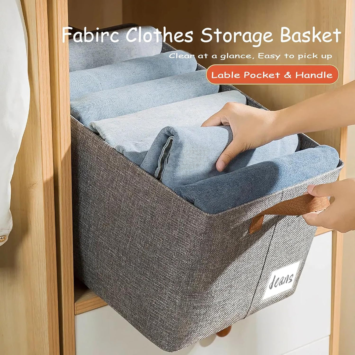 4 Pcs Closet Clothes Organizer with Handle, Closet Shelf Fabric Storage Box Steel Frame, Stackable Shelf Storage Baskets Foldable Wardrobe Storage Box for Clothes Pants, 23L (2 Gray 2 Beige)