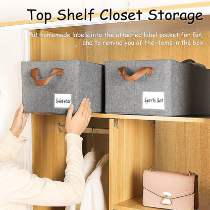 4 Pcs Closet Clothes Organizer with Handle, Closet Shelf Fabric Storage Box Steel Frame, Stackable Shelf Storage Baskets Foldable Wardrobe Storage Box for Clothes Pants, 23L (2 Gray 2 Beige)