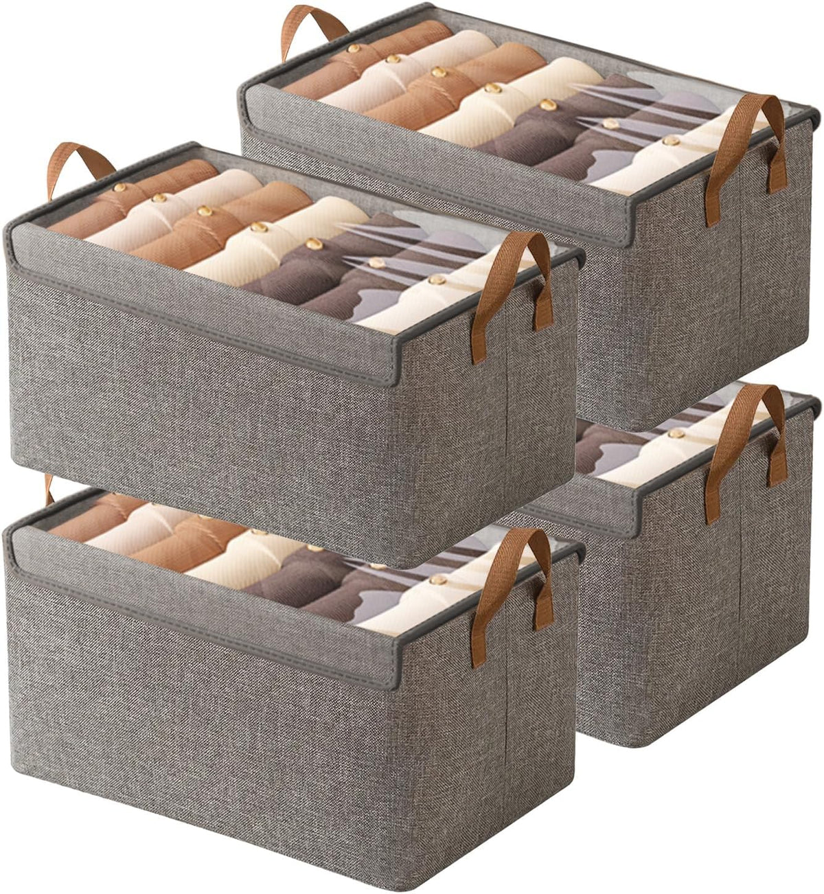 4 Pcs Closet Clothes Organizer with Handle, Closet Shelf Fabric Storage Box Steel Frame, Stackable Shelf Storage Baskets Foldable Wardrobe Storage Box for Clothes Pants, 23L (2 Gray 2 Beige)