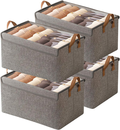4 Pcs Closet Clothes Organizer with Handle, Closet Shelf Fabric Storage Box Steel Frame, Stackable Shelf Storage Baskets Foldable Wardrobe Storage Box for Clothes Pants, 23L (2 Gray 2 Beige)