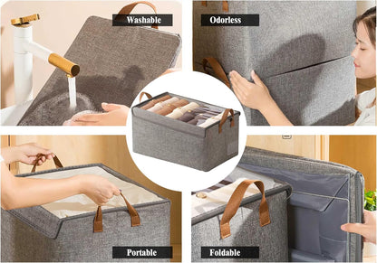 4 Pcs Closet Clothes Organizer with Handle, Closet Shelf Fabric Storage Box Steel Frame, Stackable Shelf Storage Baskets Foldable Wardrobe Storage Box for Clothes Pants, 23L (2 Gray 2 Beige)