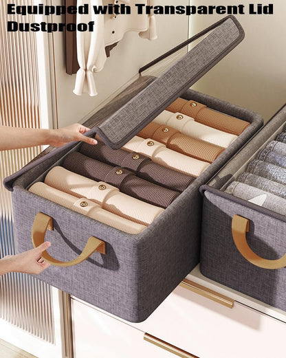 4 Pcs Closet Clothes Organizer with Handle, Closet Shelf Fabric Storage Box Steel Frame, Stackable Shelf Storage Baskets Foldable Wardrobe Storage Box for Clothes Pants, 23L (2 Gray 2 Beige)