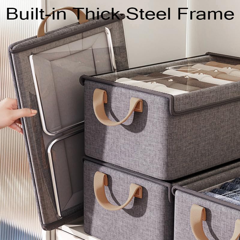 4 Pcs Closet Clothes Organizer with Handle, Closet Shelf Fabric Storage Box Steel Frame, Stackable Shelf Storage Baskets Foldable Wardrobe Storage Box for Clothes Pants, 23L (2 Gray 2 Beige)