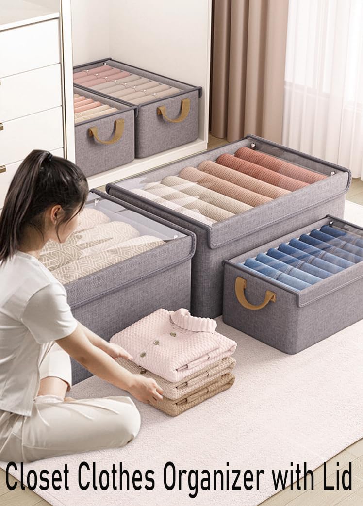 4 Pcs Closet Clothes Organizer with Handle, Closet Shelf Fabric Storage Box Steel Frame, Stackable Shelf Storage Baskets Foldable Wardrobe Storage Box for Clothes Pants, 23L (2 Gray 2 Beige)