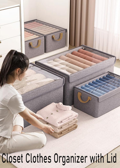 4 Pcs Closet Clothes Organizer with Handle, Closet Shelf Fabric Storage Box Steel Frame, Stackable Shelf Storage Baskets Foldable Wardrobe Storage Box for Clothes Pants, 23L (2 Gray 2 Beige)