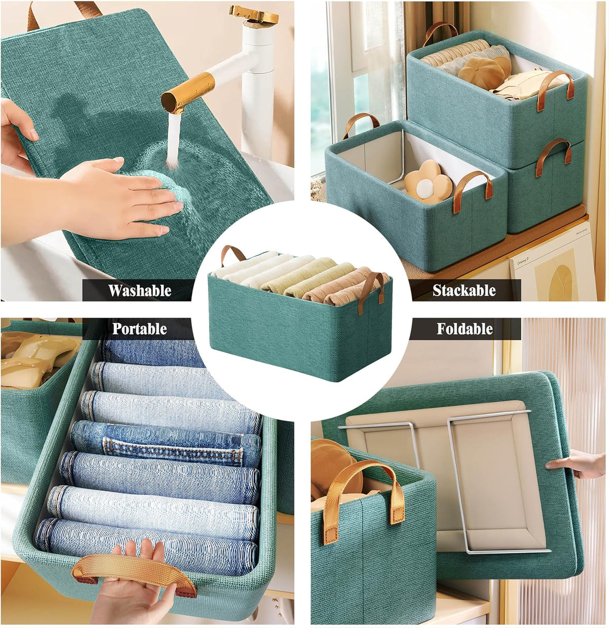 4 Pcs Closet Clothes Organizer with Handle, Closet Shelf Fabric Storage Box Steel Frame, Stackable Shelf Storage Baskets Foldable Wardrobe Storage Box for Clothes Pants, 23L (2 Gray 2 Beige)